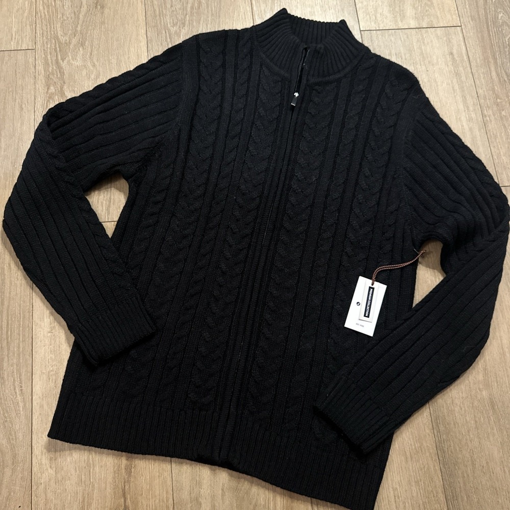 Sperry Cable Knit Wool Blend Full Zip Sweater Men's Black Preppy Medium